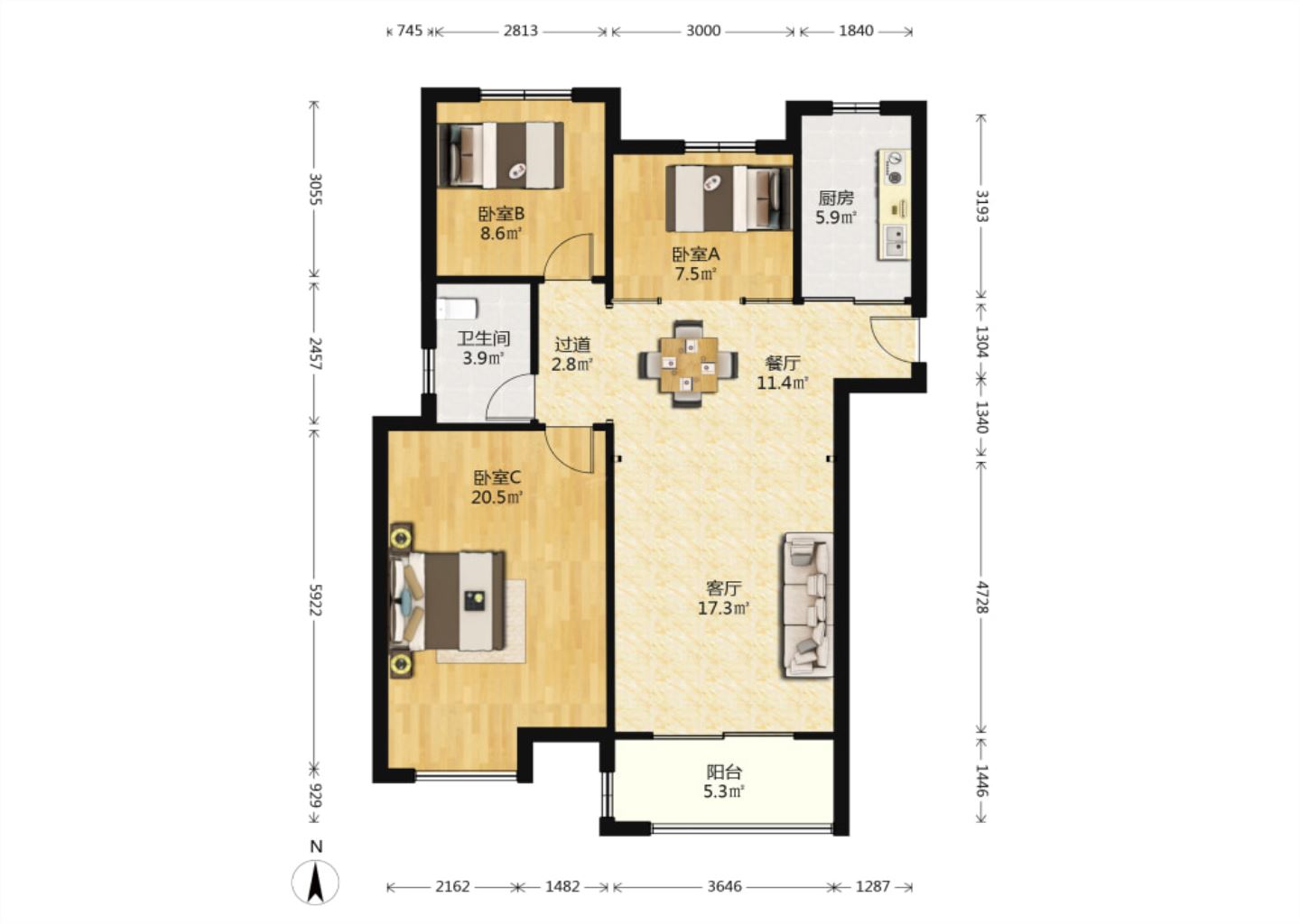 中海碧林湾 3室2厅1卫 111.19m&sup2;