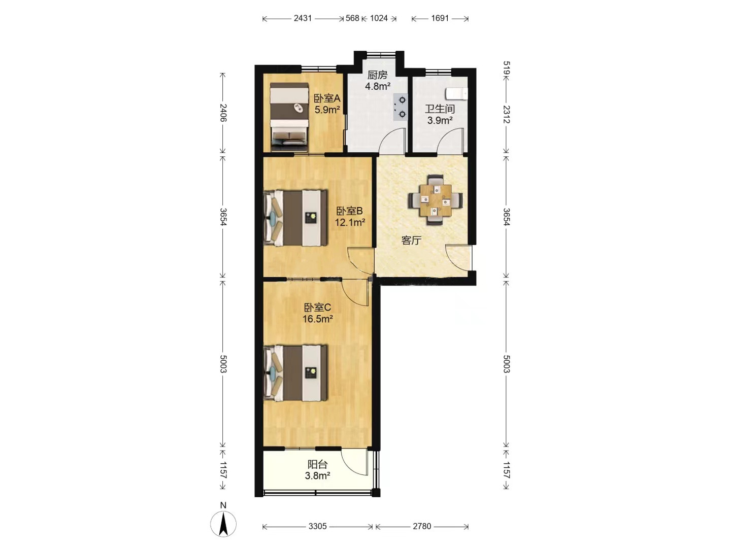 新建路新村 2室1厅1卫 53.00m&sup2;