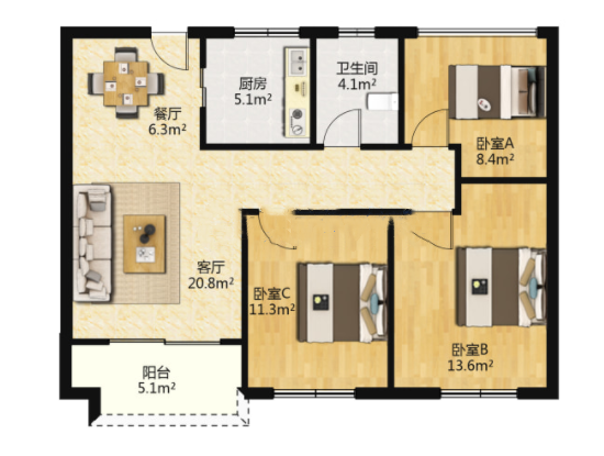 云樾东方 3室2厅1卫 95m&sup2;