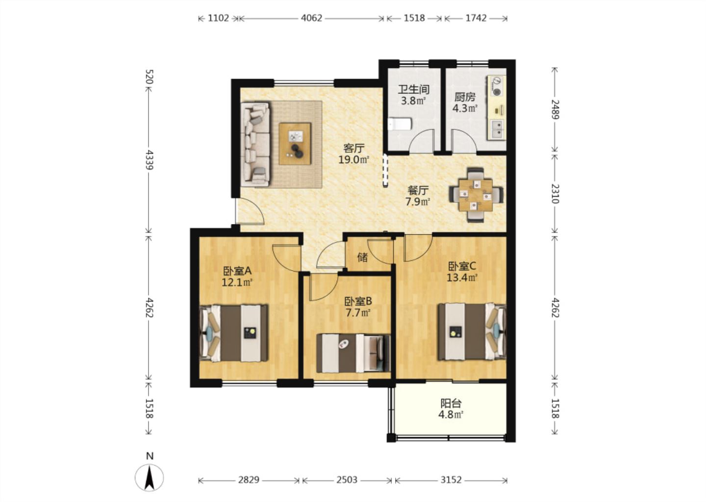 虹桥北村(崇川区) 3室1厅1卫 93.56m²
