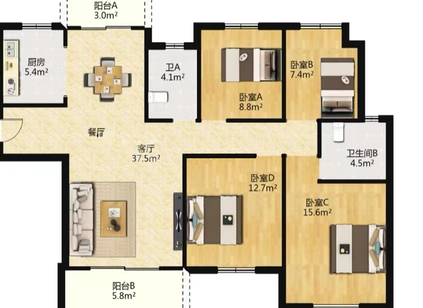 景瑞望府 4室2厅2卫 140m&sup2;