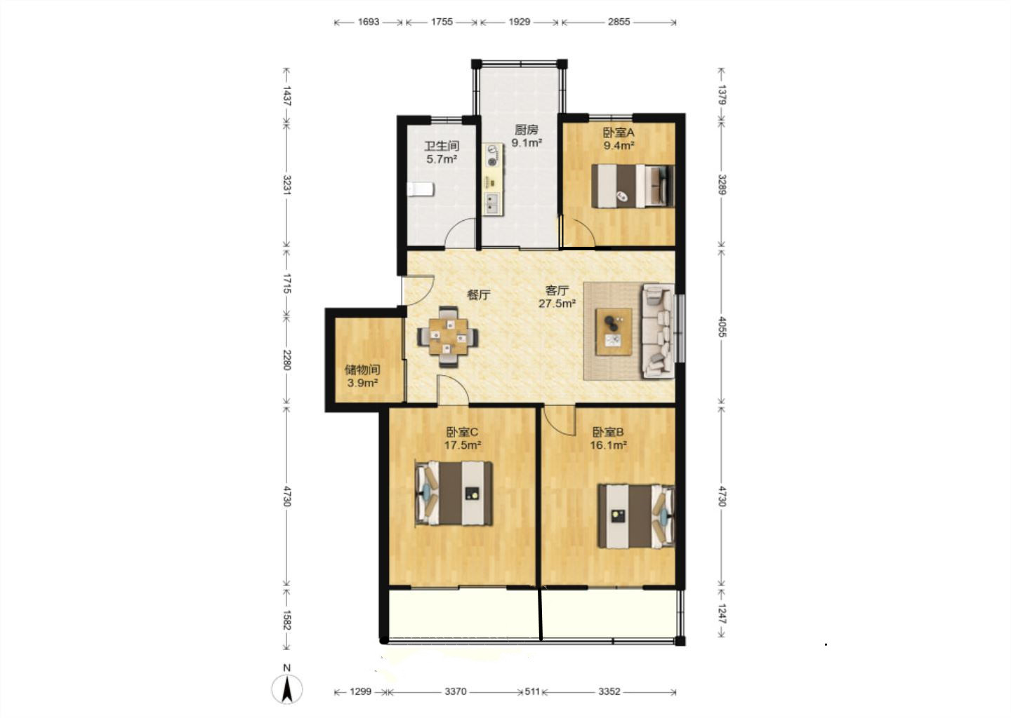 前景花苑 3室2厅1卫 107.00m&sup2;