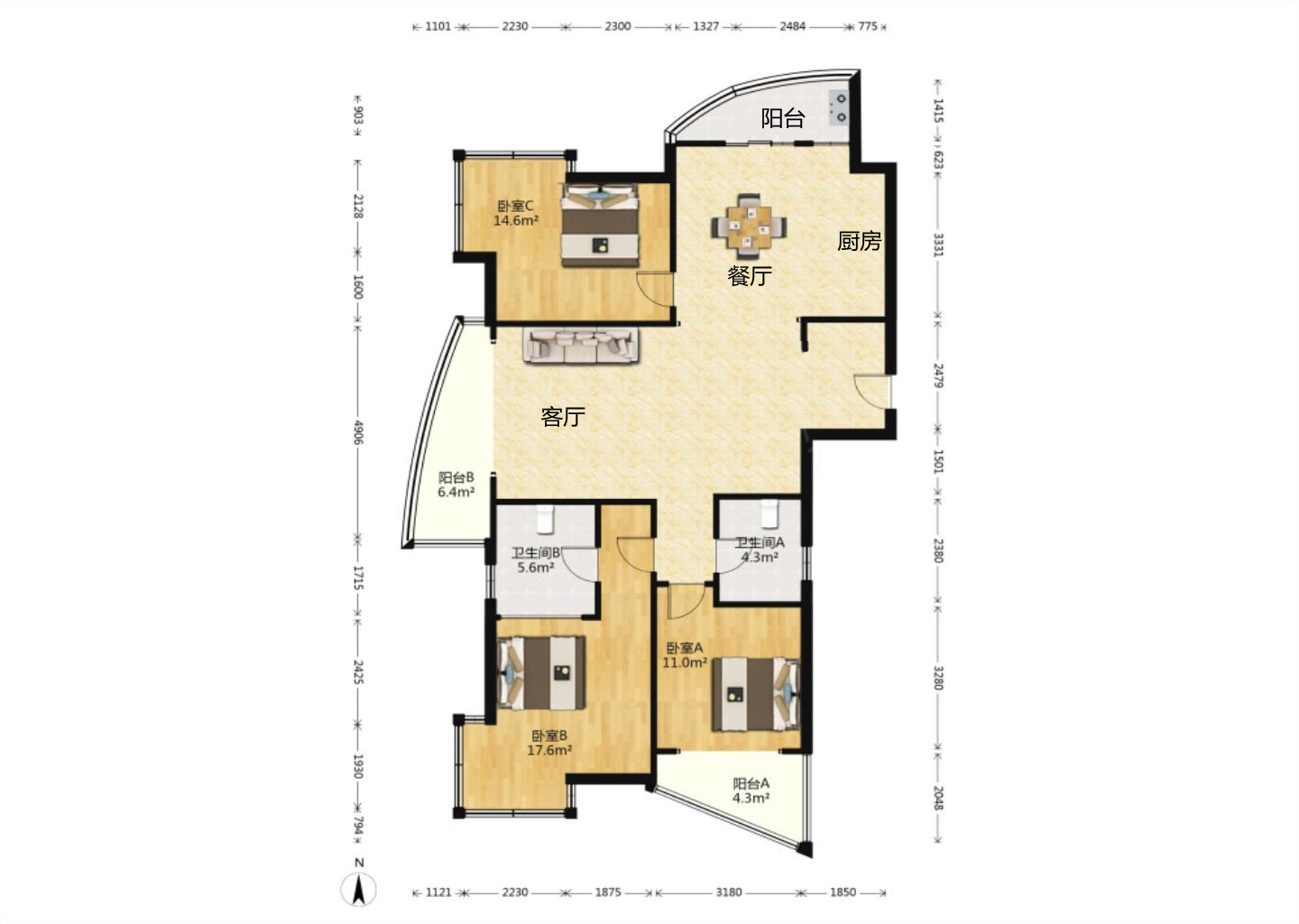 中南世纪城北区 3室2厅1卫 152m&sup2;
