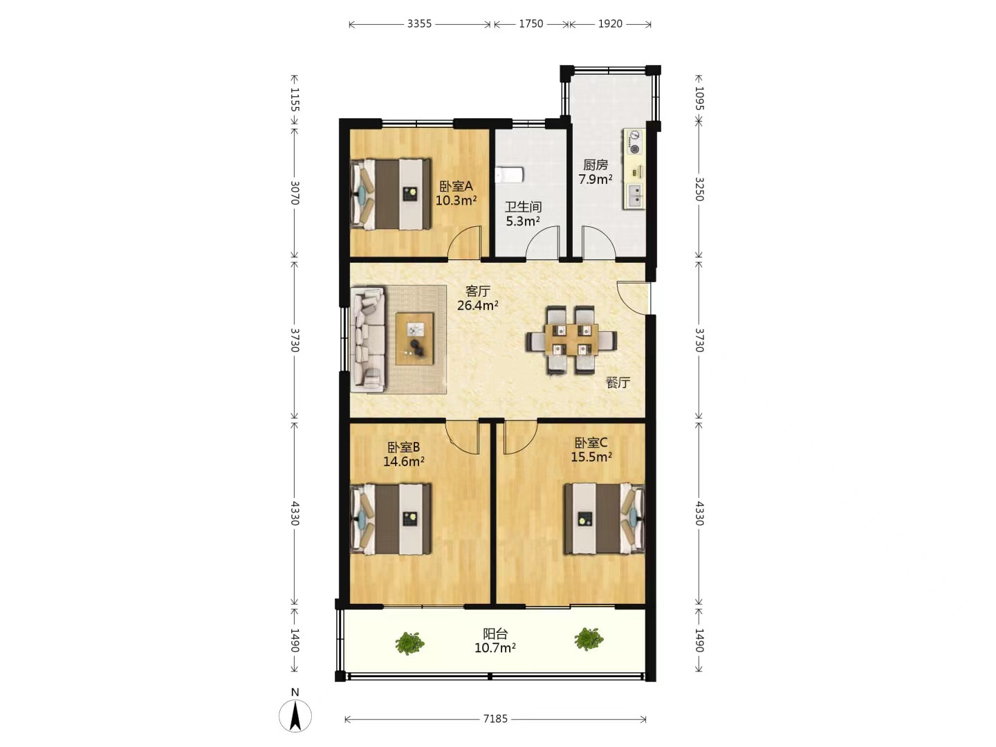 城港花苑 3室1厅1卫 104.25m&sup2;