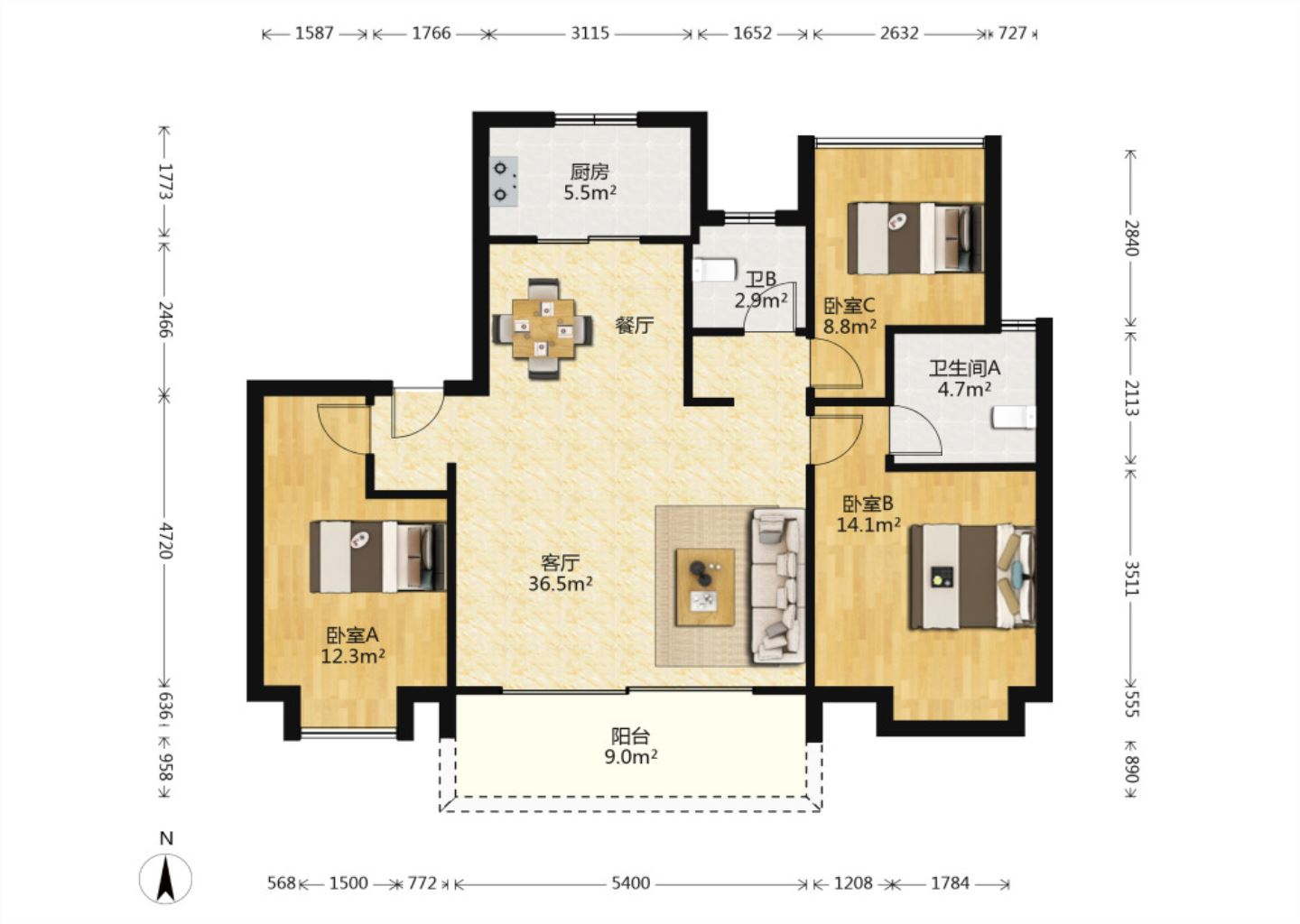 雍华府 3室2厅2卫 117.41m&sup2;