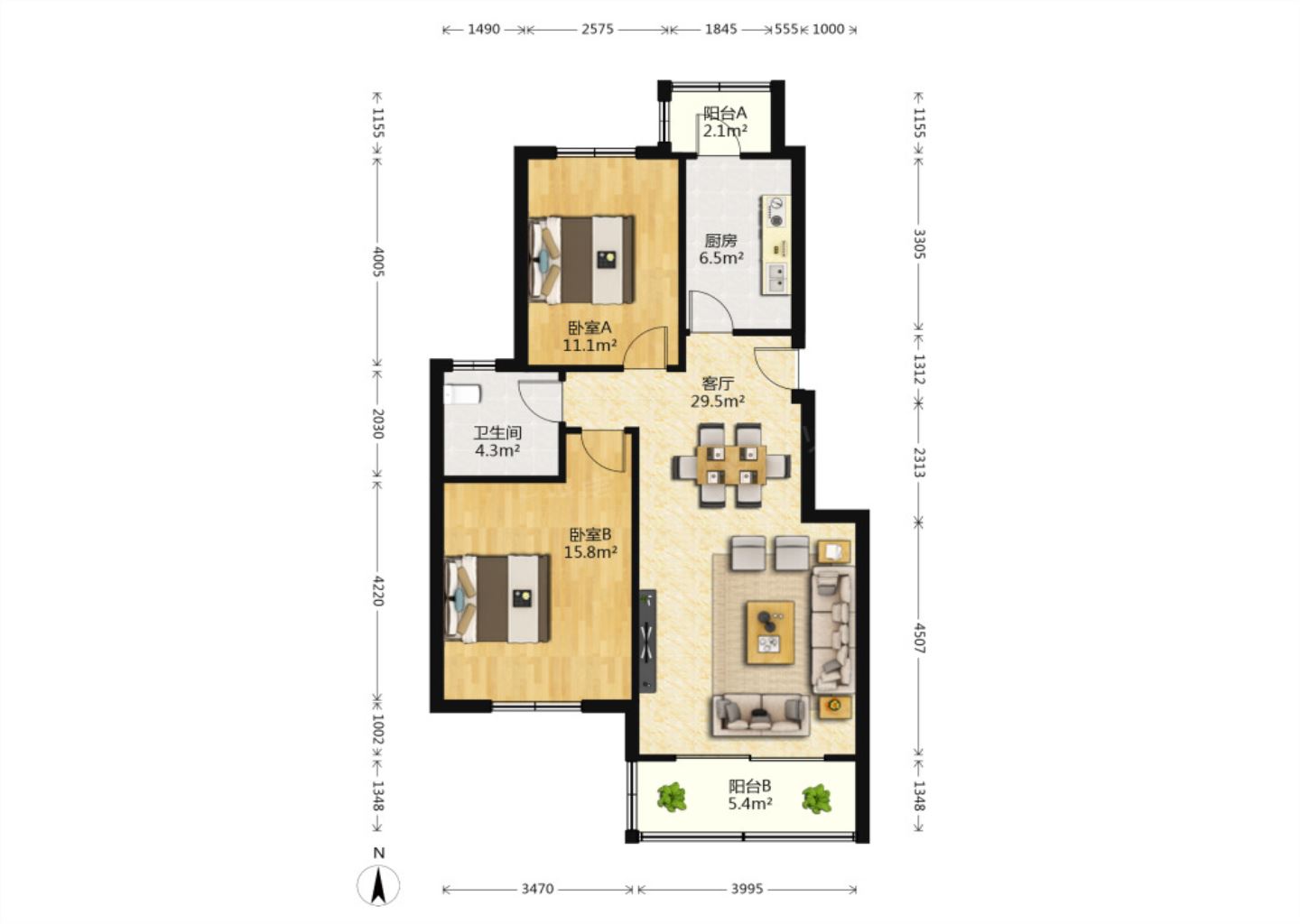 紫东花苑 2室2厅1卫 91.76m&sup2;
