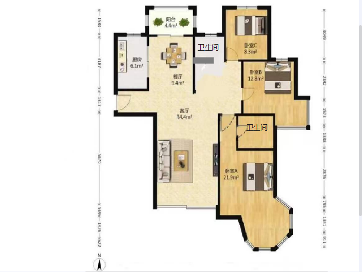 中南世纪花城一期 3室2厅2卫 138m&sup2;