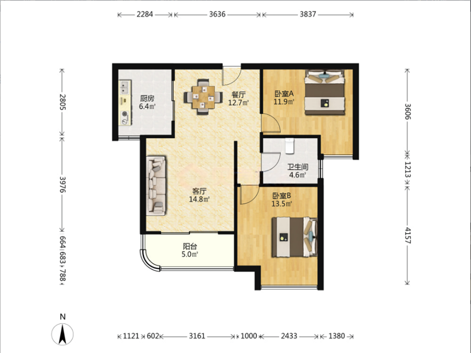 幸福天地二期 2室2厅1卫 89m&sup2;
