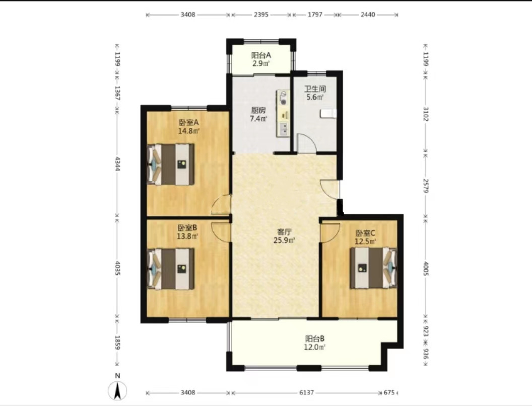 园林佳苑 3室2厅1卫 115.83m&sup2;