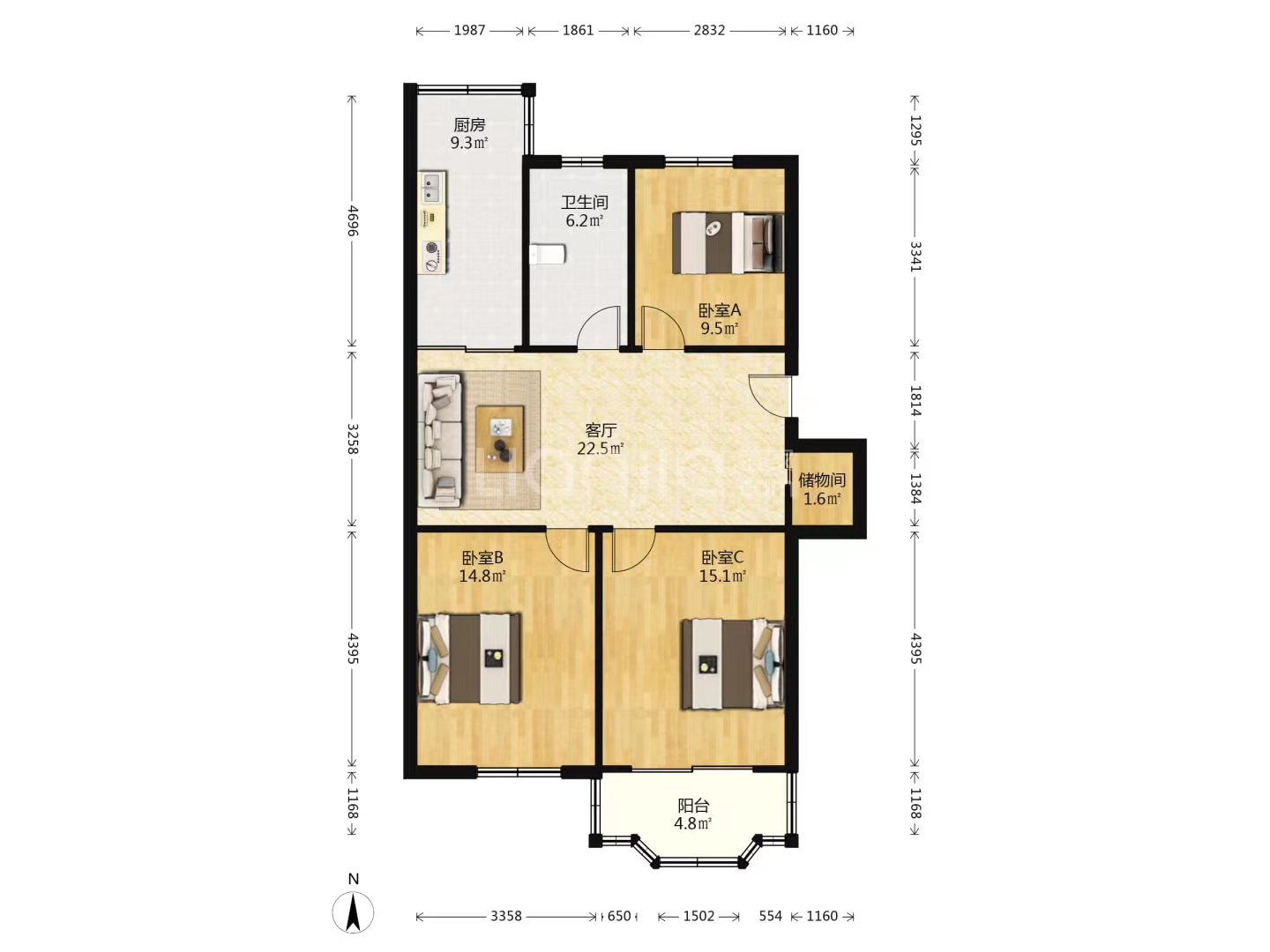 阳光花园 3室1厅1卫 119.80m&sup2;