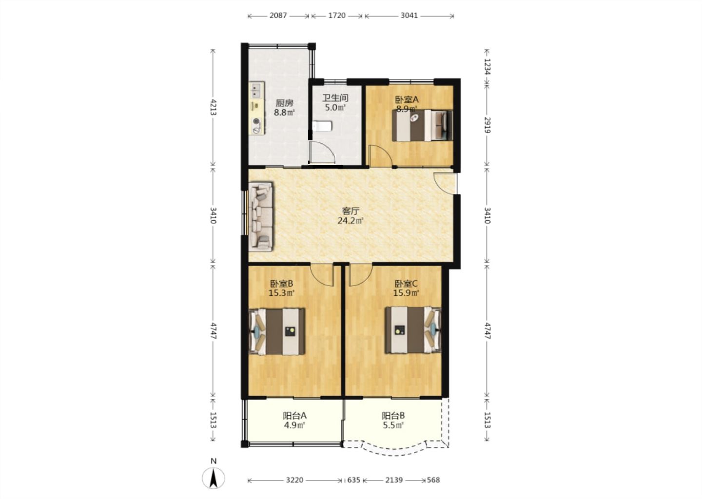 朝晖花园 3室2厅1卫 104.00m&sup2;