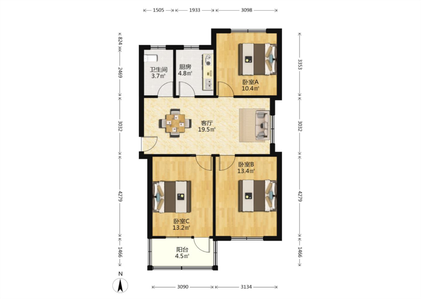 曙光社区 3室1厅1卫 91m&sup2;