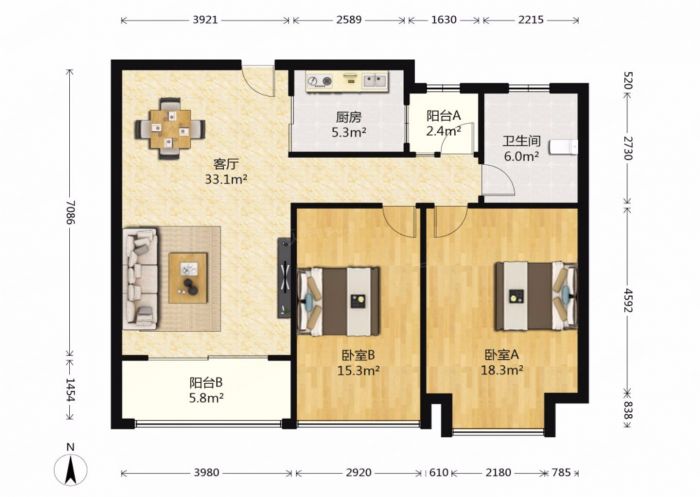 南辰濠郡 2室1厅1卫 88.6m&sup2;