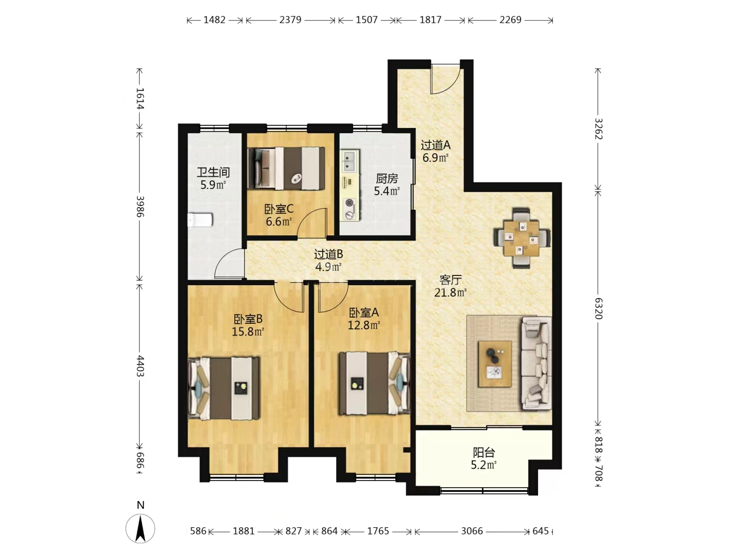万科金域蓝湾 3室2厅1卫 108.00m&sup2;