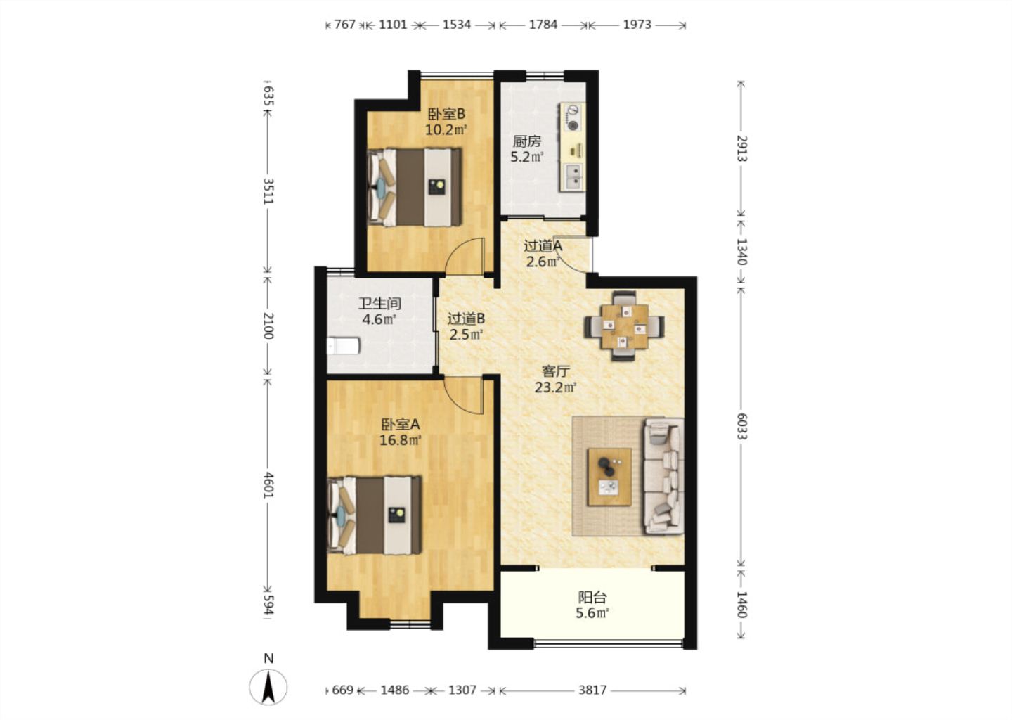 苏建阳光新城 2室2厅1卫 90m&sup2;