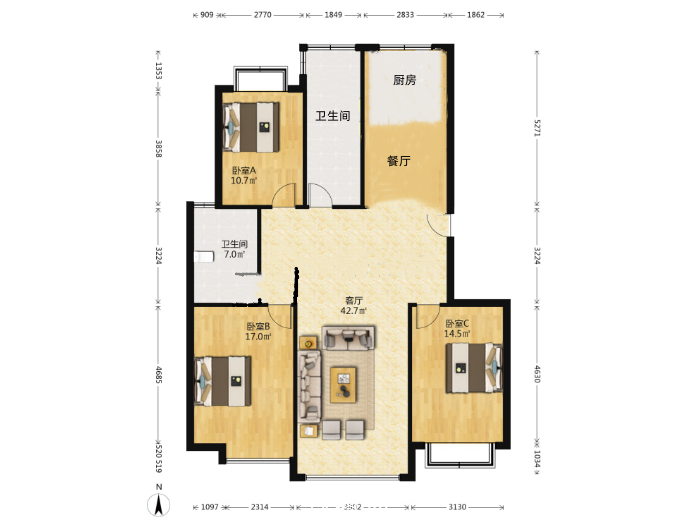 德诚嘉园 3室2厅1卫 140m&sup2;