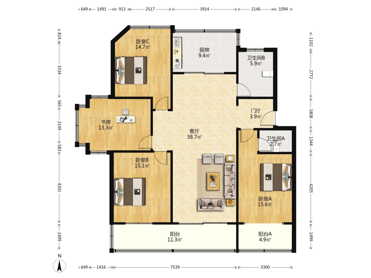 和兴花苑 4室2厅2卫 146.63m&sup2;