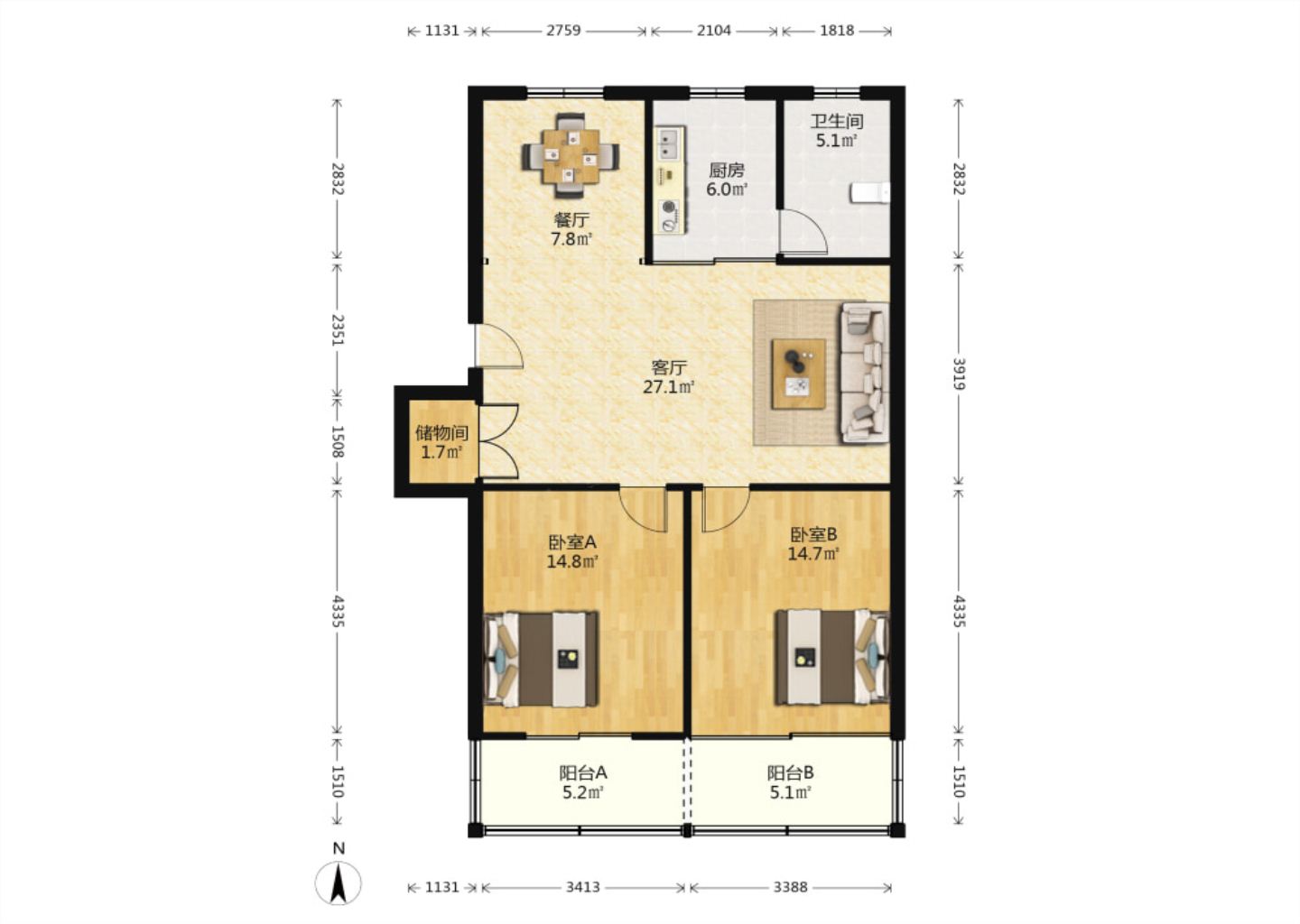濠西园 2室1厅1卫 99.5m&sup2;