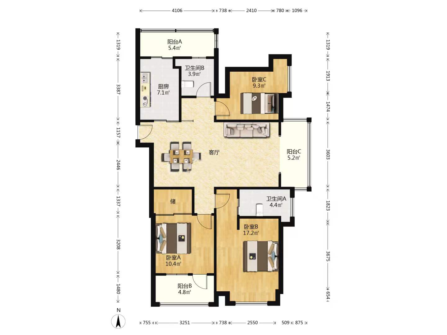 万濠星城 3室2厅2卫 128m&sup2;