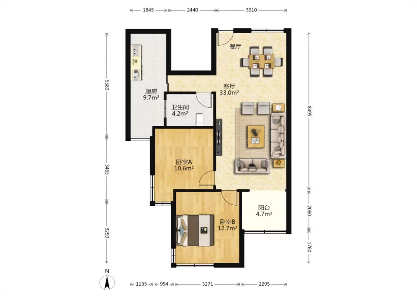 兴石花园 2室1厅1卫 90m&sup2;