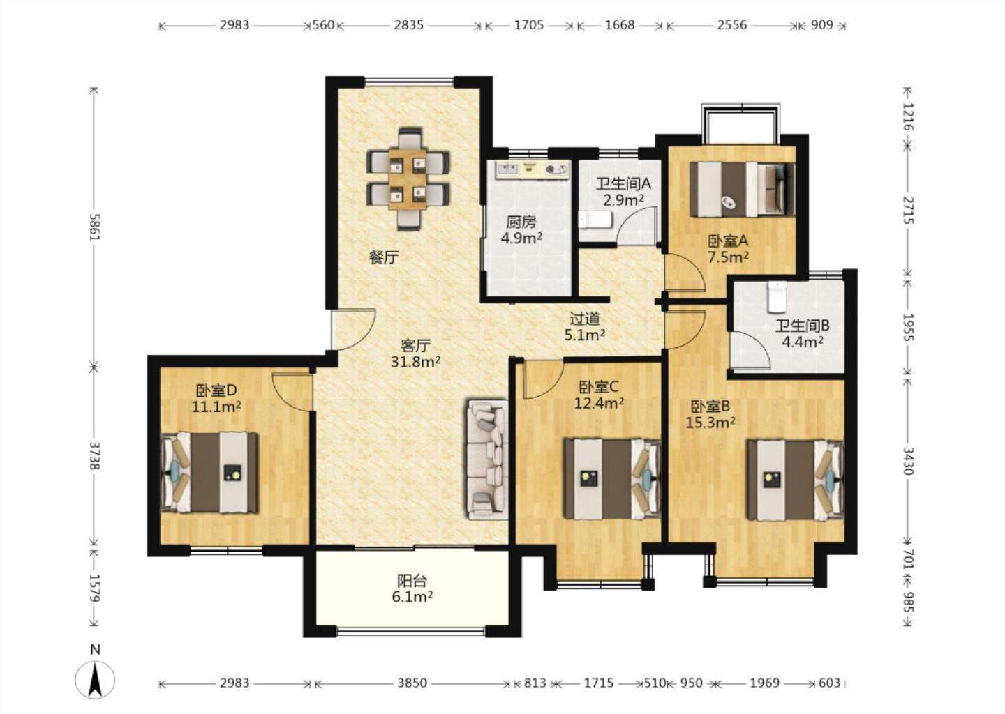 中南世纪花城三期 4室2厅2卫 140m&sup2;
