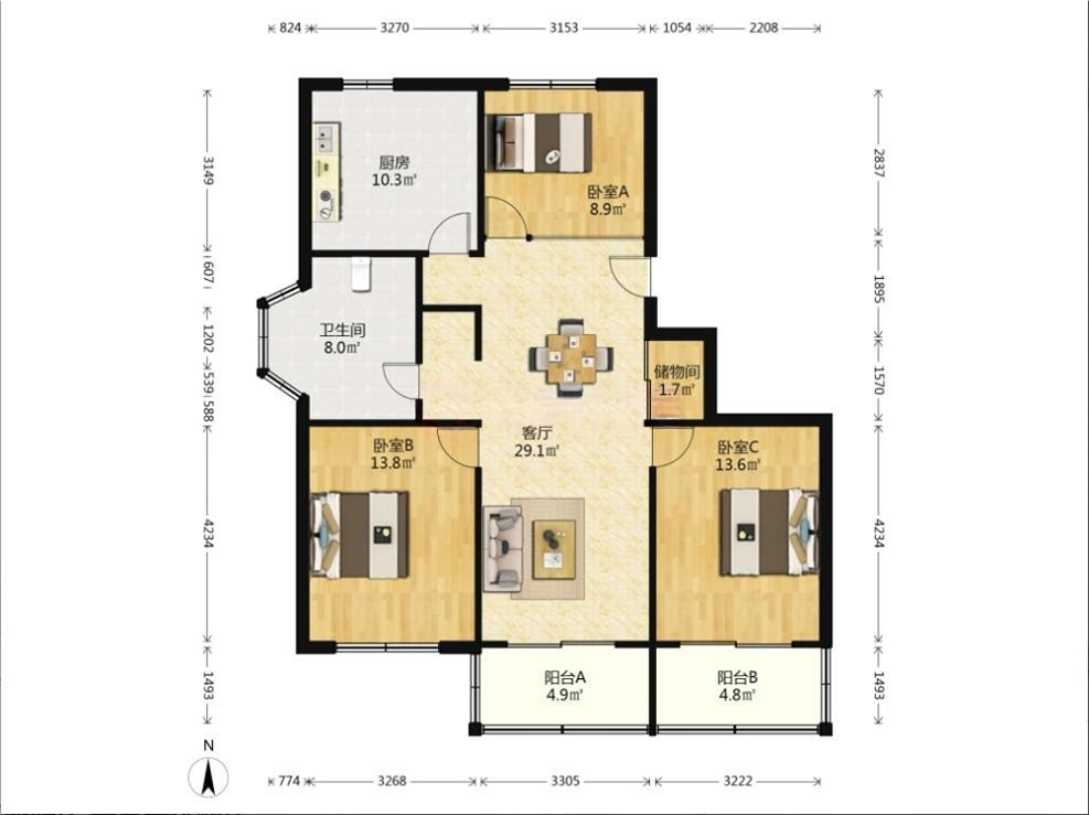 新开苑东区 3室2厅1卫 110m&sup2;