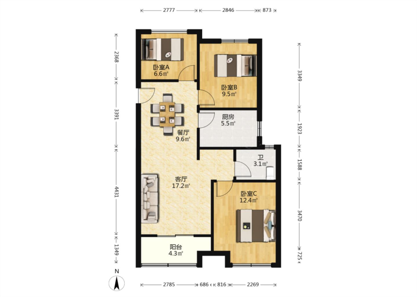 世茂公元 3室2厅1卫 86m&sup2;