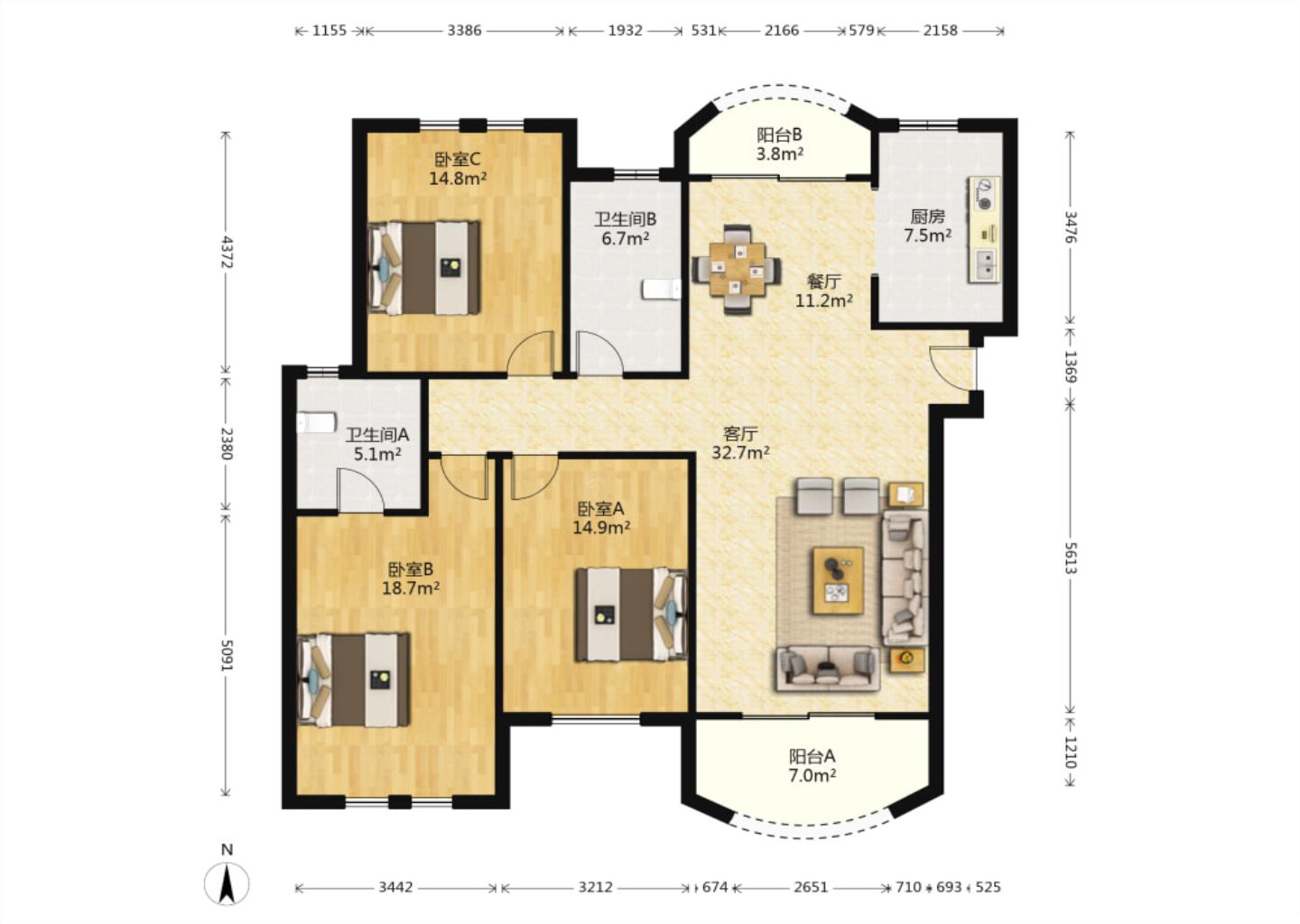 高迪晶城 3室2厅1卫 157m&sup2;