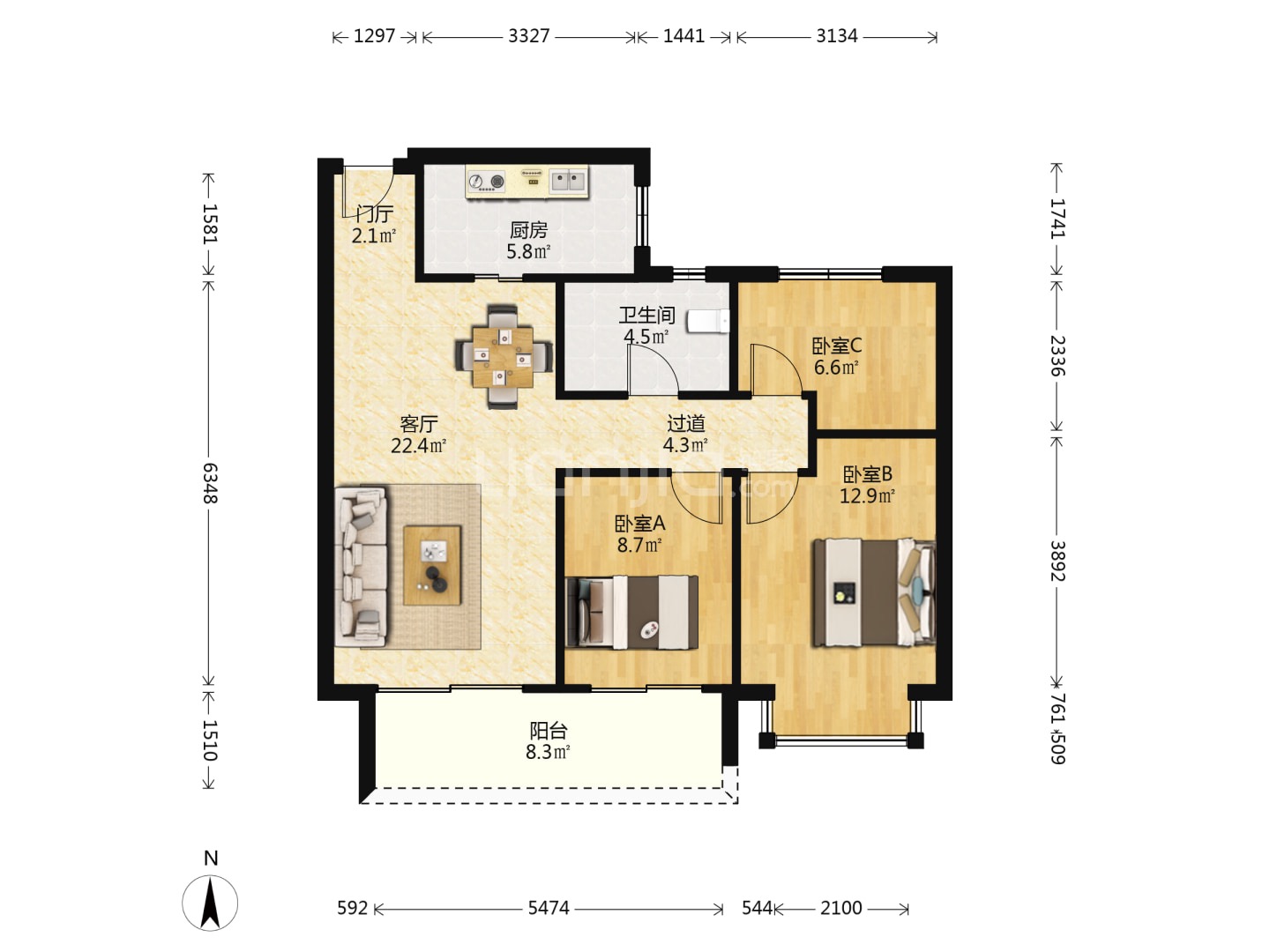恒大御澜庭 3室2厅1卫 100m&sup2;
