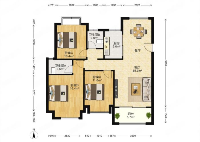 中南世纪花城三期 3室2厅2卫 124.6m&sup2;