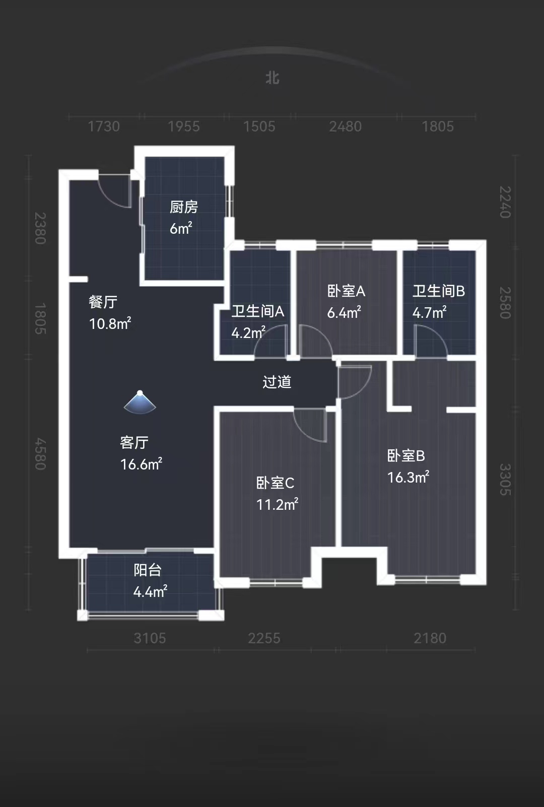 富力院士廷 2室2厅2卫 109.00m&sup2;