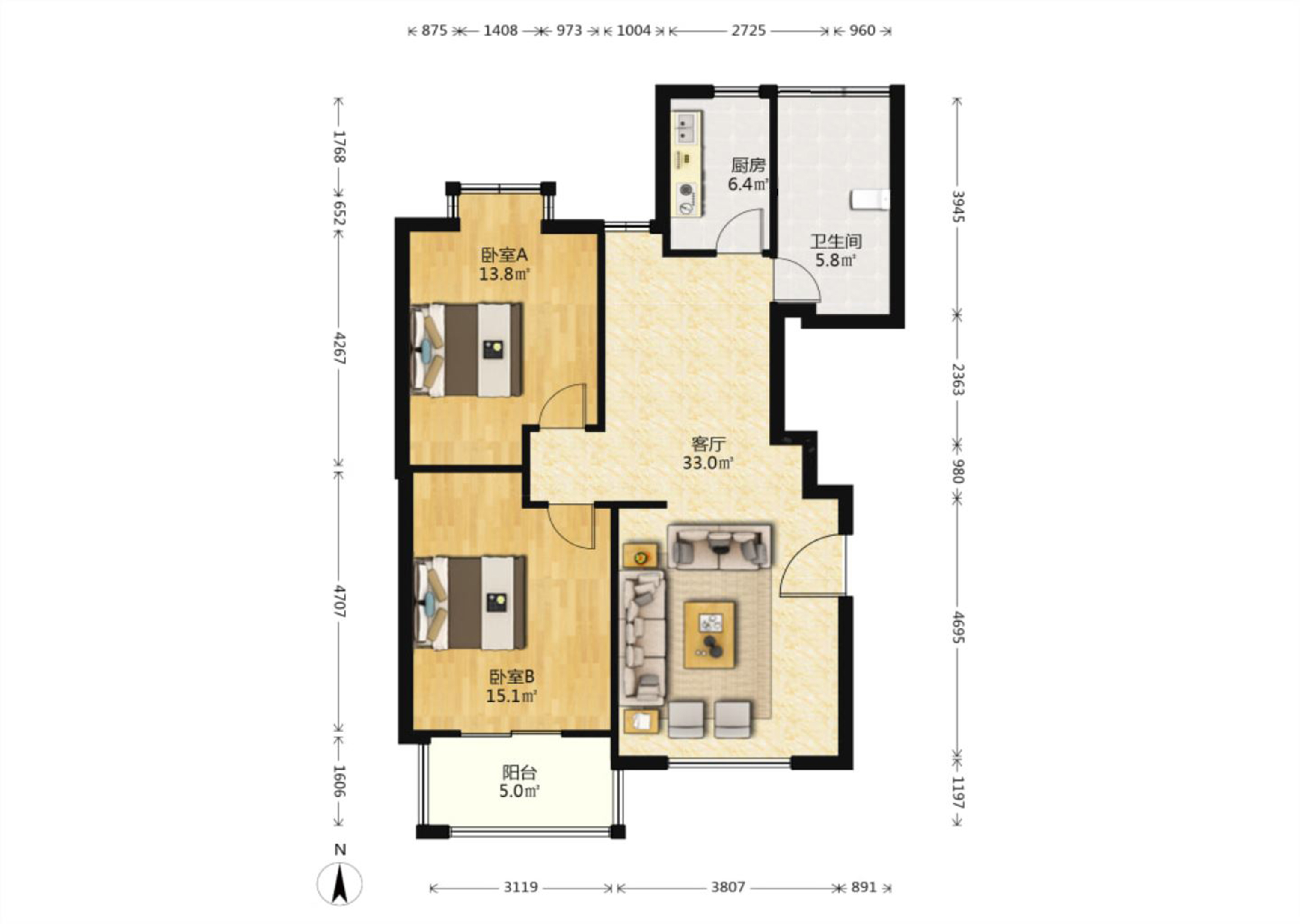 东方鑫乾大厦 2室1厅1卫 105m&sup2;