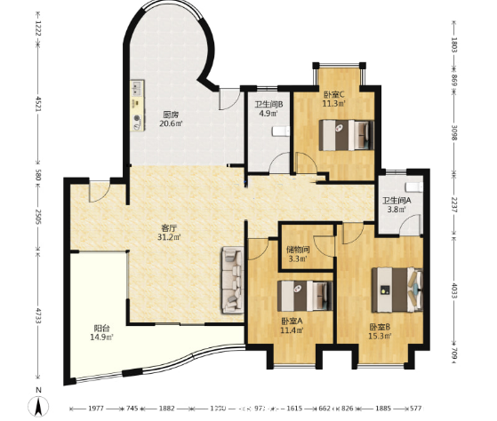 优山美地花园南区 3室2厅2卫 143.00m&sup2;