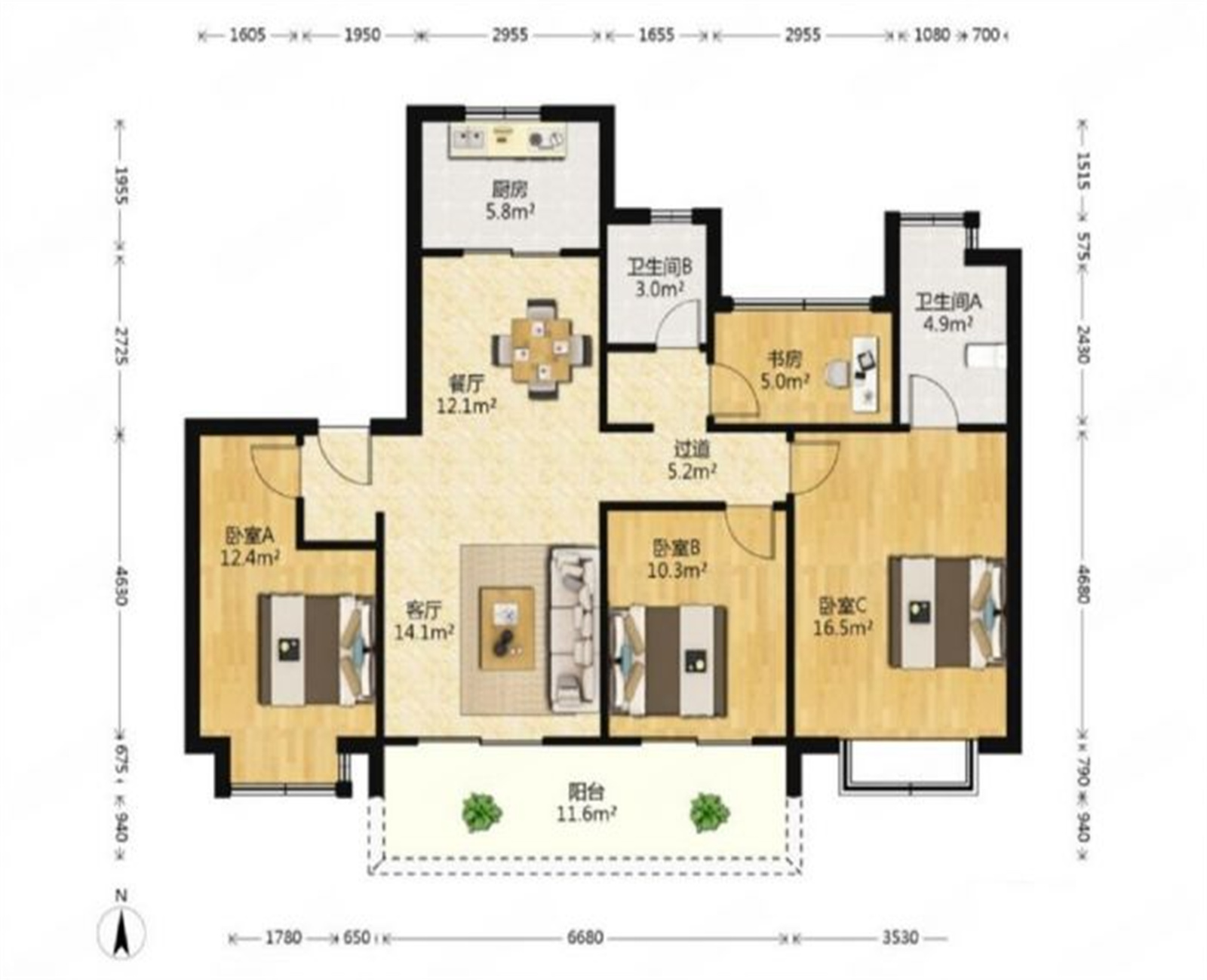 红星天铂 4室2厅2卫 128m&sup2;