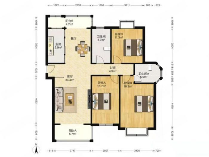 长航地中海花园 3室2厅2卫 141.68m²