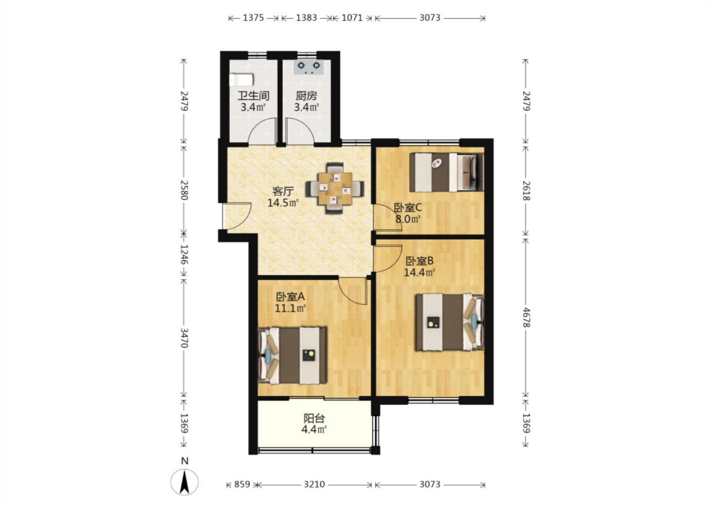 曙光社区 3室2厅1卫 74.4m&sup2;