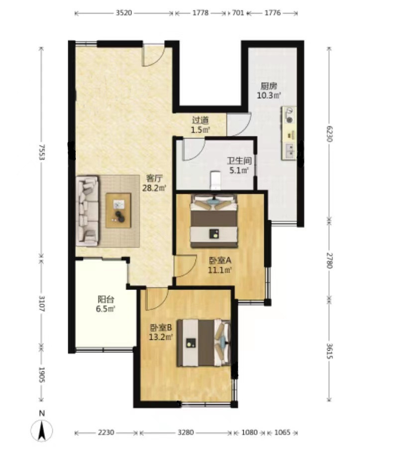 万通城 2室2厅1卫 100.00m&sup2;