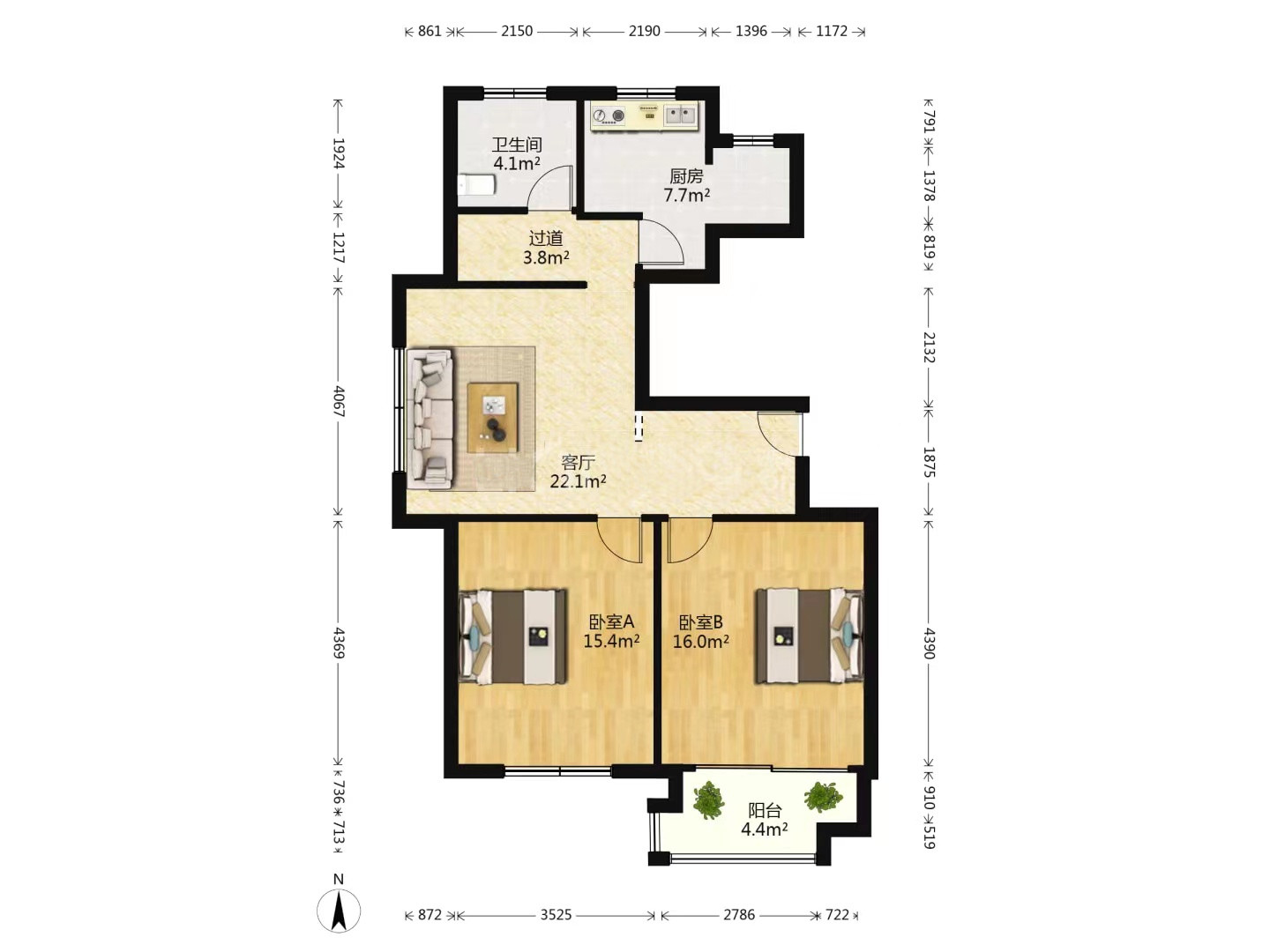 观河华府 2室1厅1卫 98.29m&sup2;