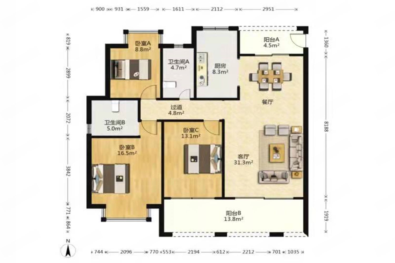 华强城 3室2厅2卫 128.43m²