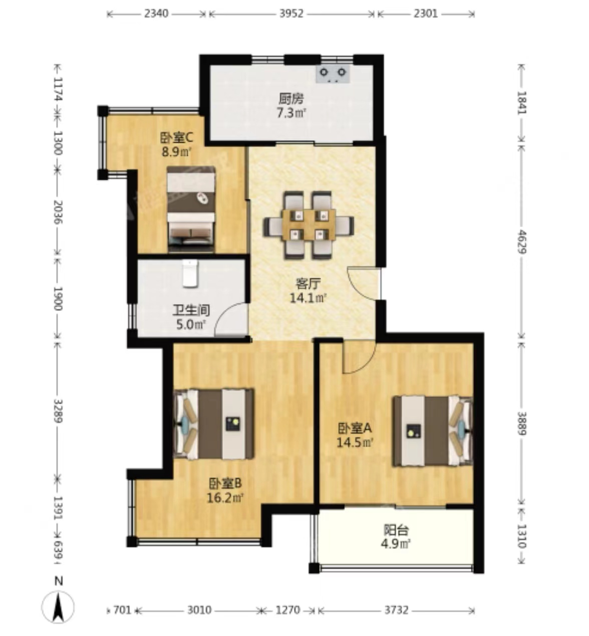 中港城 3室1厅1卫 87.24m&sup2;