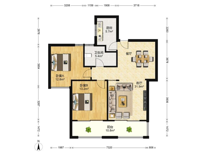 盛和花半里 2室2厅1卫 103m&sup2;