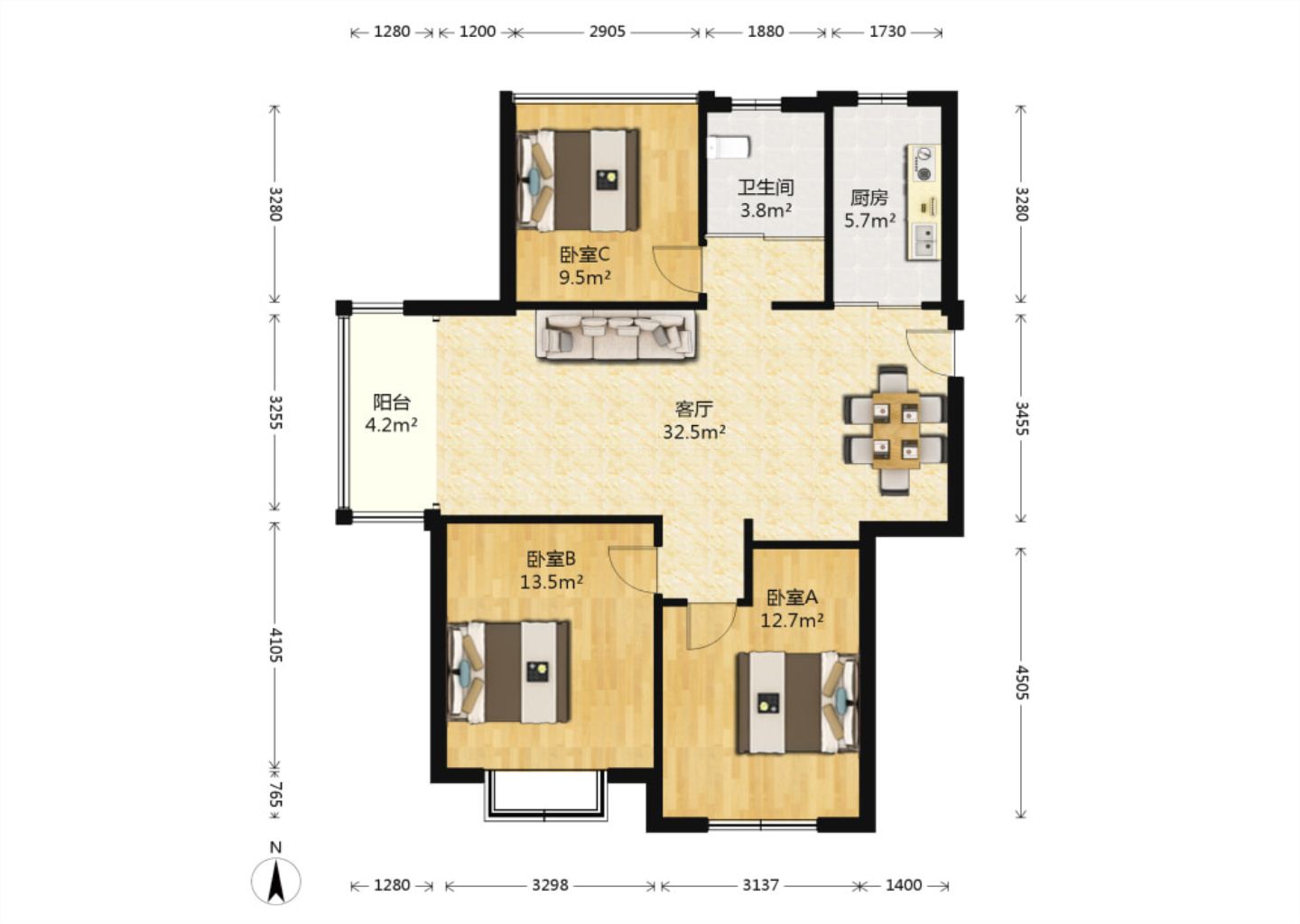 御景澜庭 3室2厅1卫 100m&sup2;