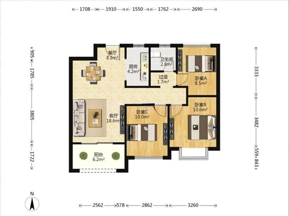 林肯公园 3室2厅1卫 92m&sup2;