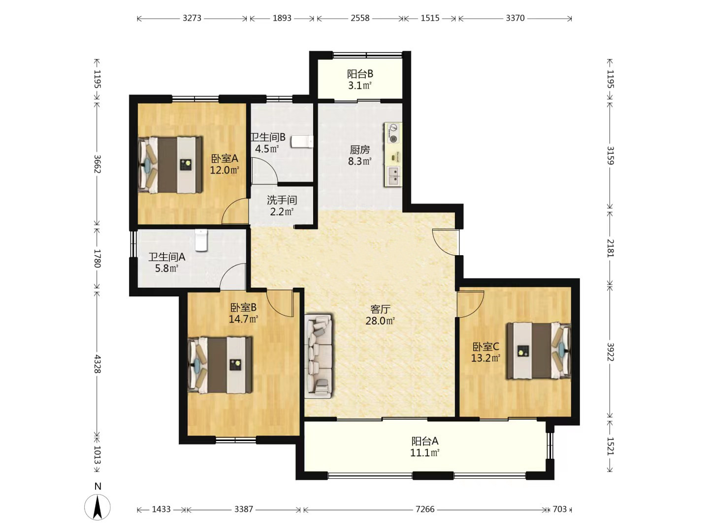 沙家圩花苑 3室2厅2卫 138m&sup2;