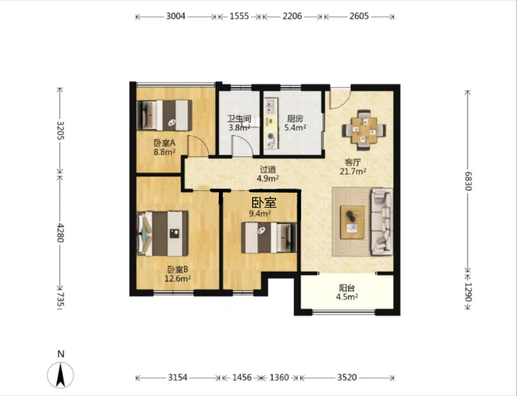 景瑞御府 3室2厅1卫 93m&sup2;