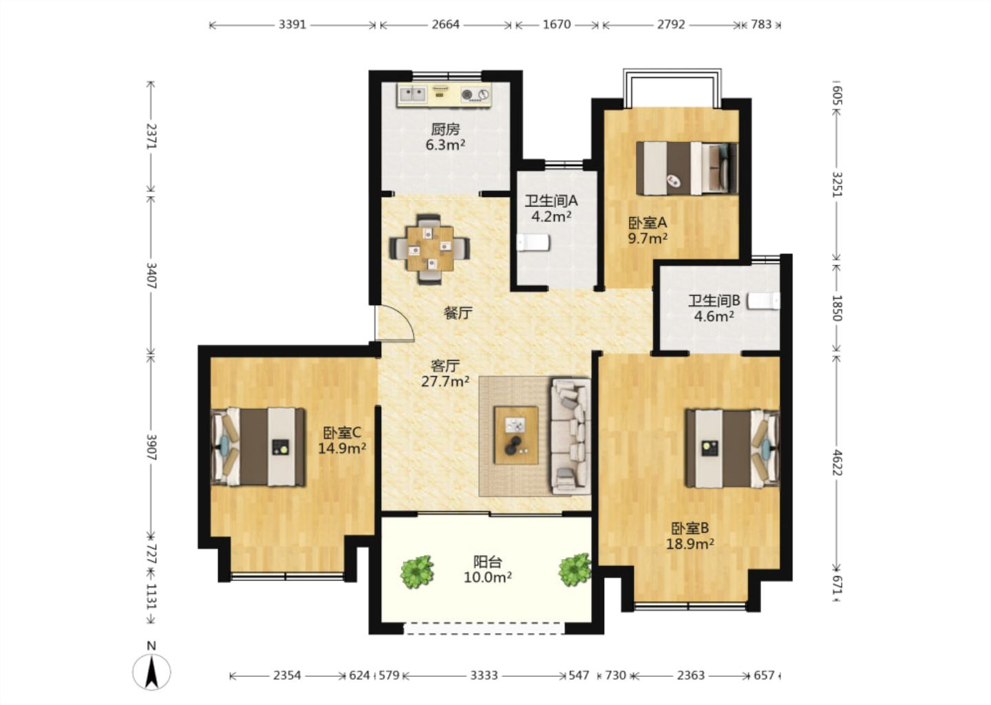 中南世纪花城三期 3室2厅2卫 137m&sup2;