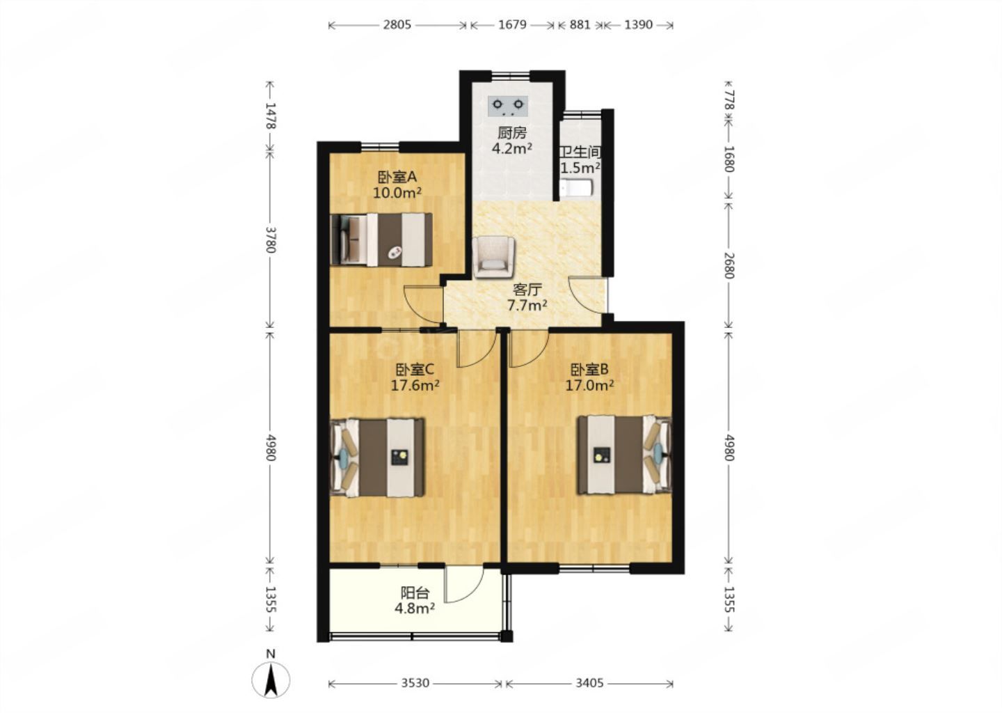 姚港路3号 2室1厅1卫 70m&sup2;