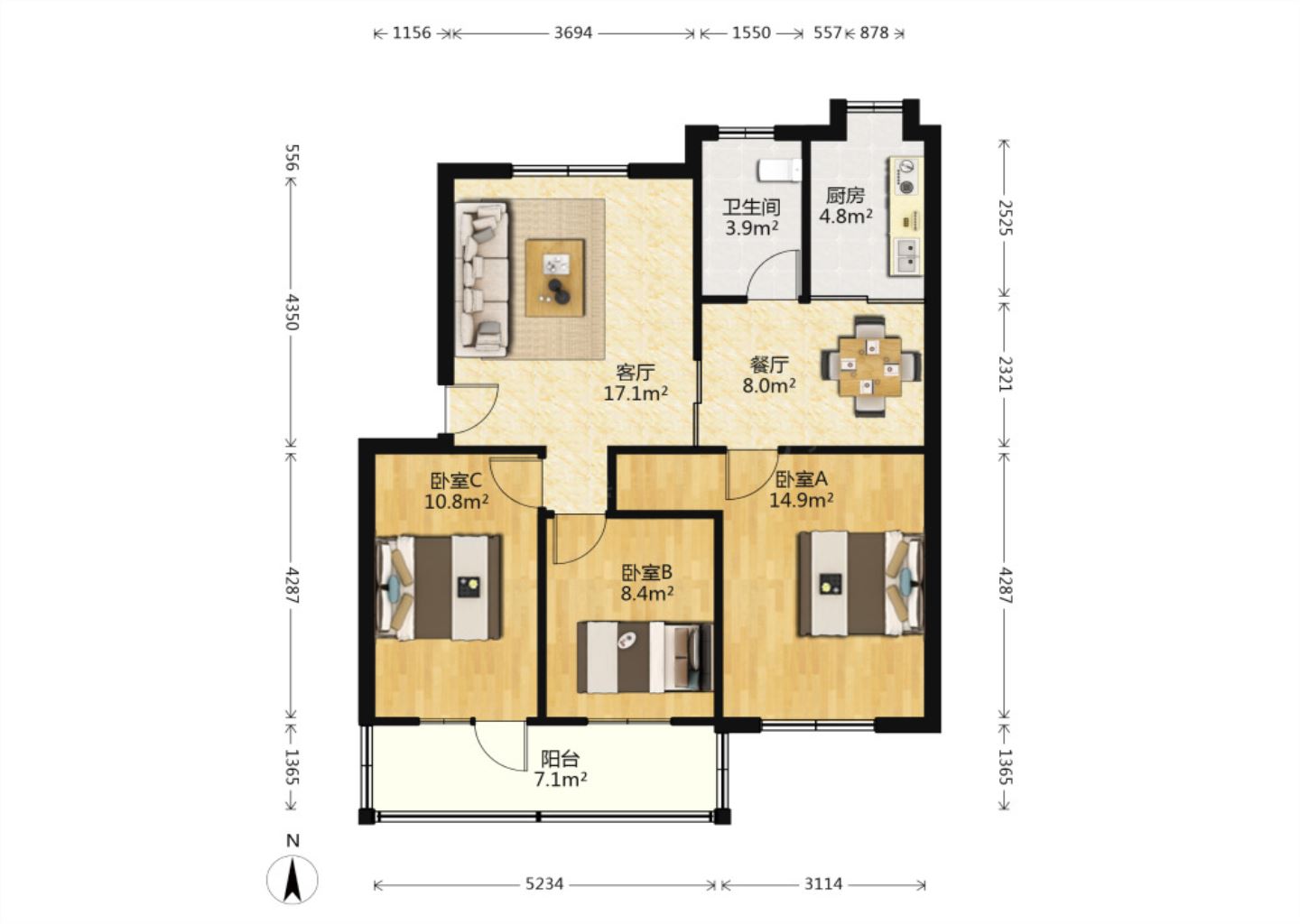 虹桥新村(朝霞路) 3室1厅1卫 94.00m&sup2;