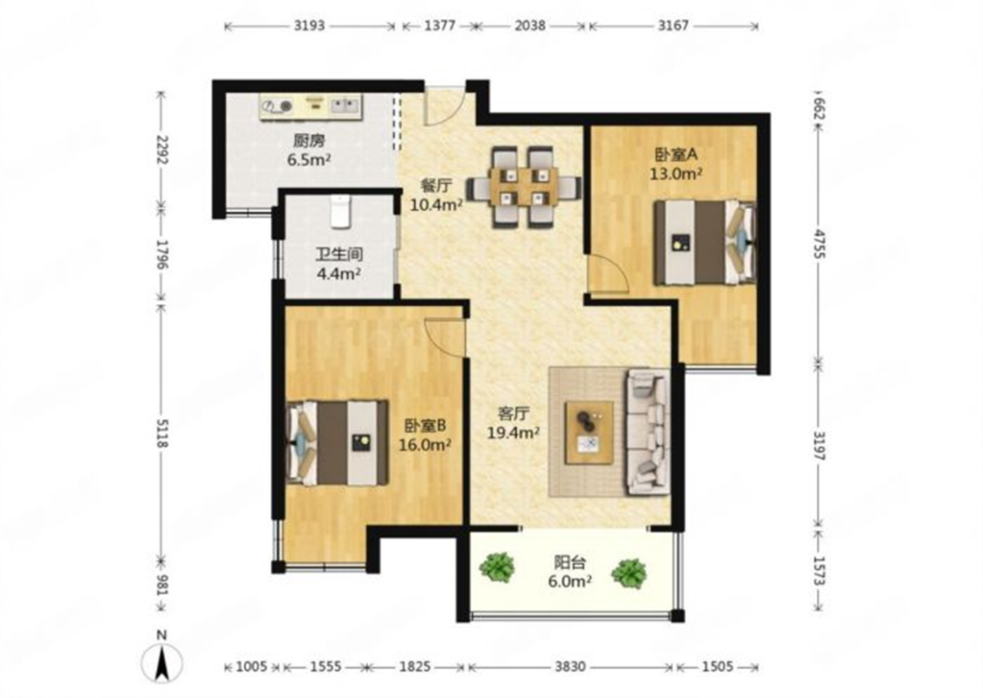 恒盛豪庭 2室2厅1卫 97m&sup2;