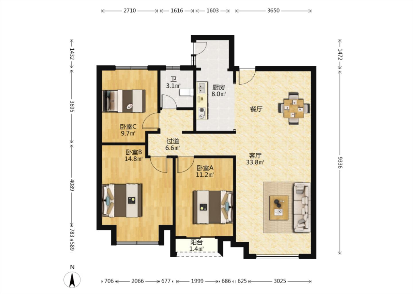 万达华府 3室2厅1卫 108.00m&sup2;